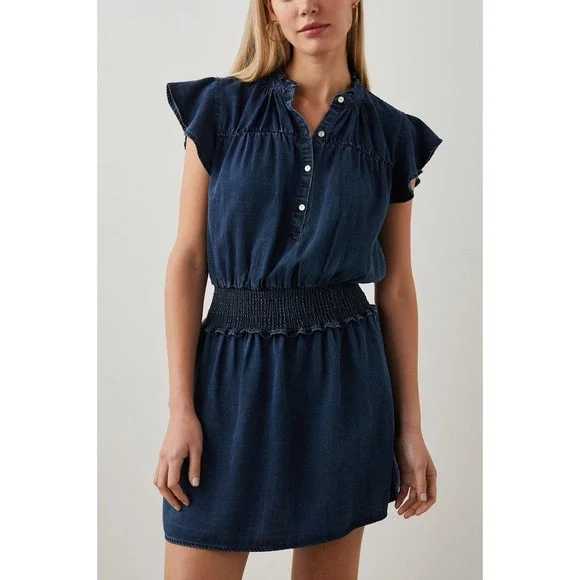 Rails Amina Denim Mini Dress Tencel Dark Wash Smocked Waist L NWOT. Retail $210 - Picture 3 of 11